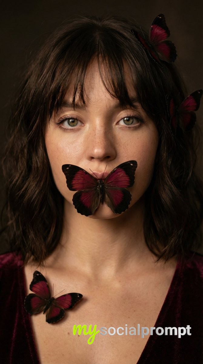 nanobanana prompt: Intimate Portrait with Velvet & Butterfly Accents 2