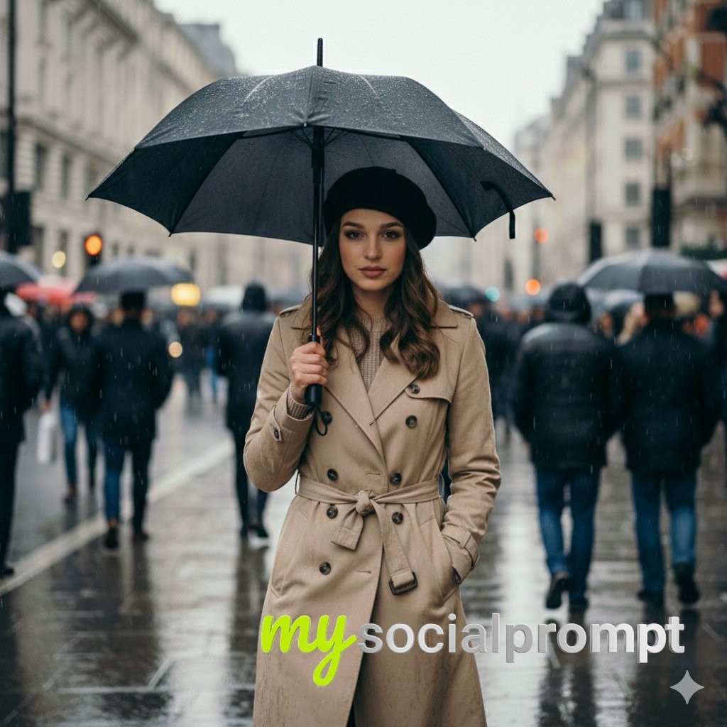 nanobanana prompt: Cinematic Rainy Street Portrait with Shallow Depth of Field