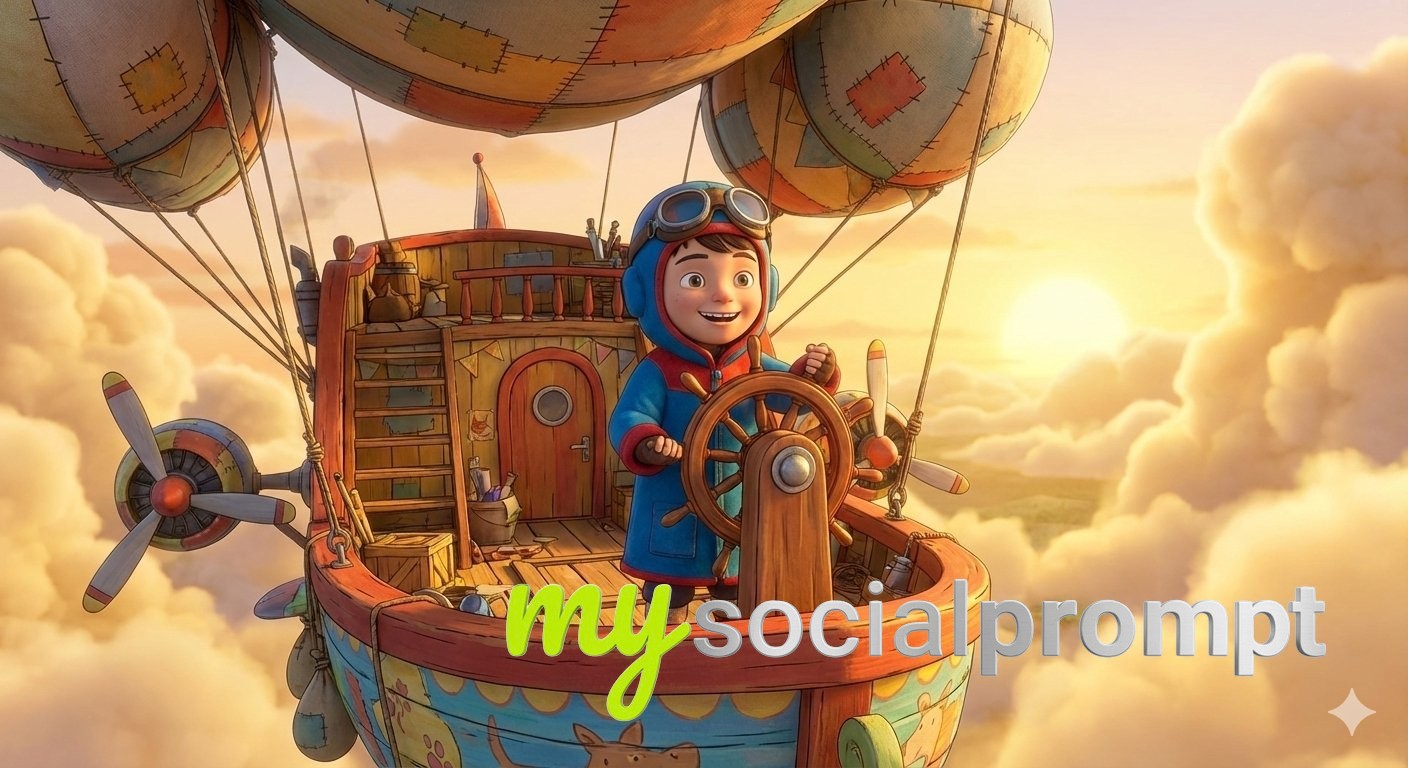 nanobanana prompt: Child Pilot on Steampunk Airship, Cinematic Golden Hour