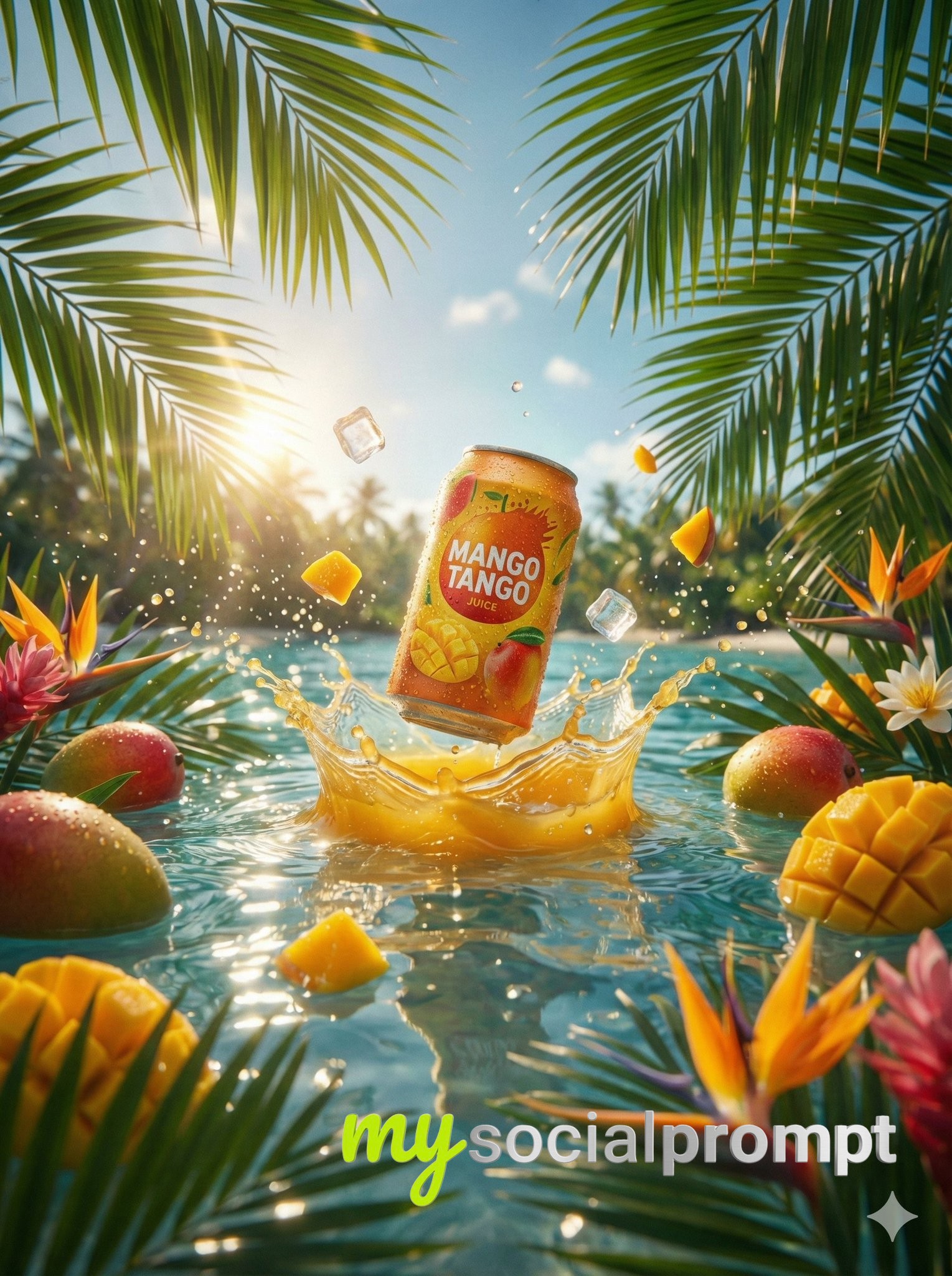 nanobanana prompt: Hyper-realistic Beverage Photography with Cinematic Tropical Lighting
