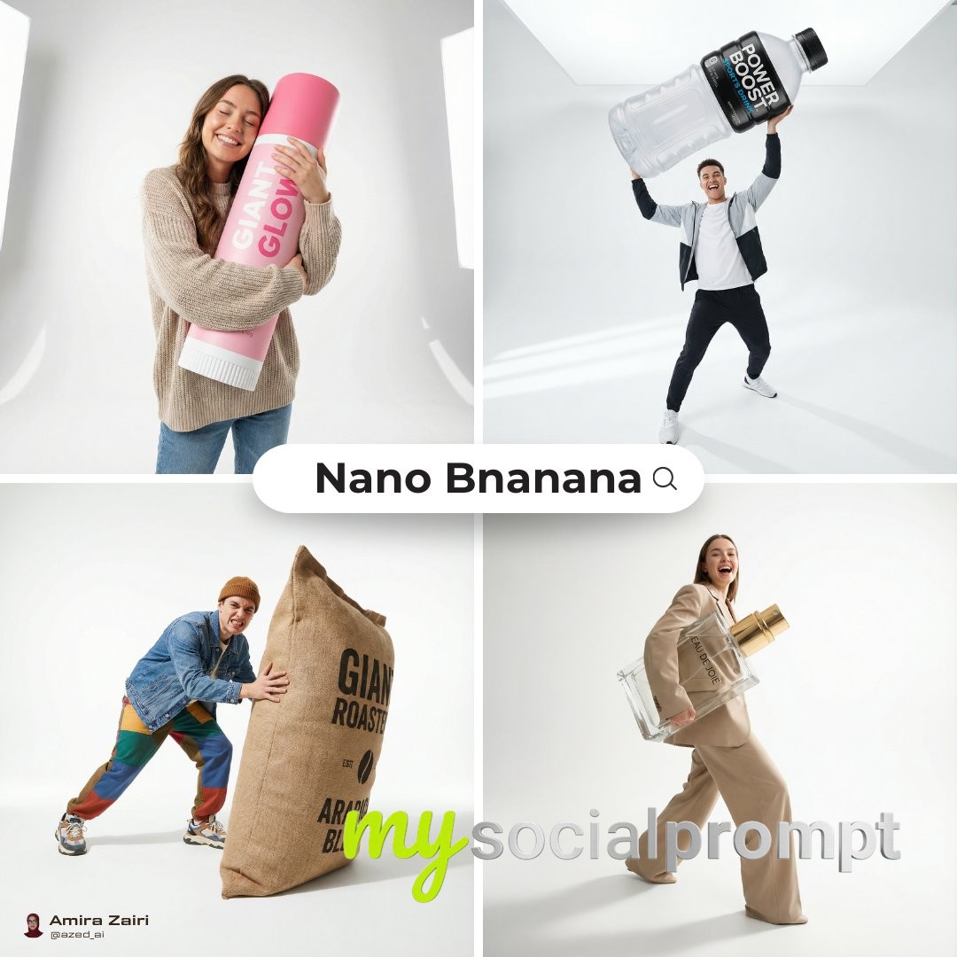 nanobanana prompt: Fashion Editorial with Oversized Prop & High-Key Studio Lighting