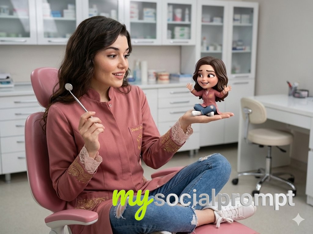 nanobanana prompt: Cinematic Portrait with 3D Chibi in Dental Office