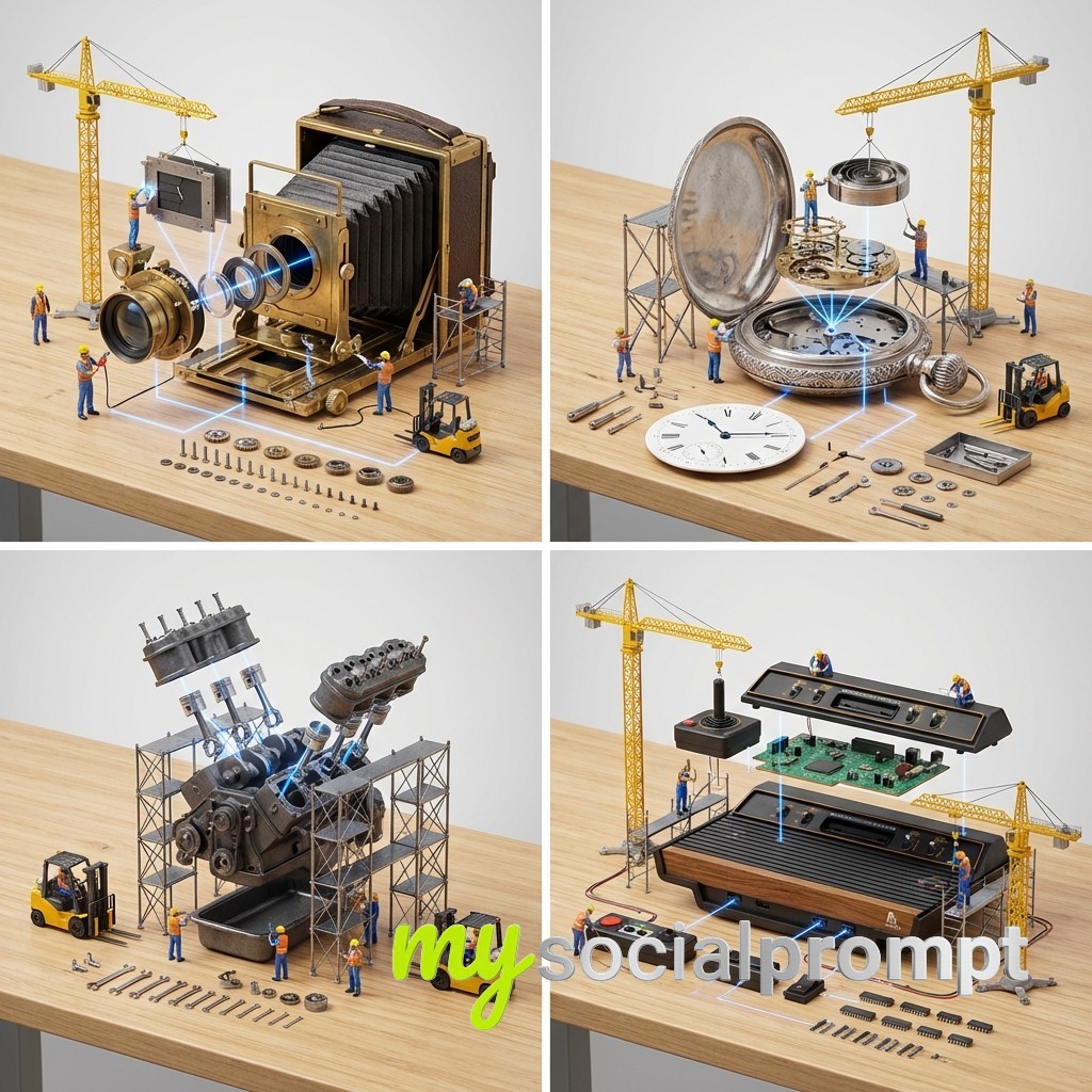 nanobanano prompt: Exploded Construction Tabletop with Miniature World Aesthetic