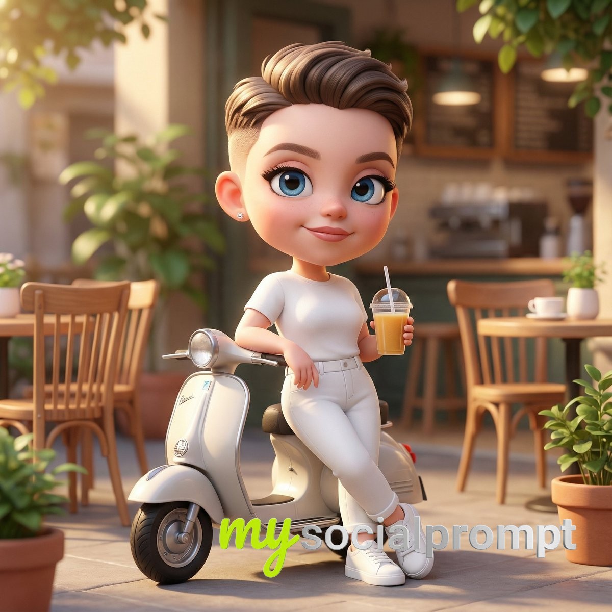 nanobanana prompt: Chibi 3D Character with Scooter in Cozy Café Courtyard, Pixar-Style