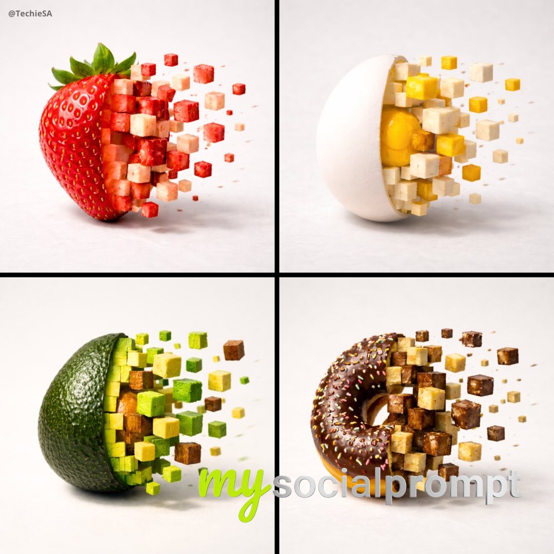 nanobanana prompt: Minimalist Food Photography with 3D Pixelized Transformation