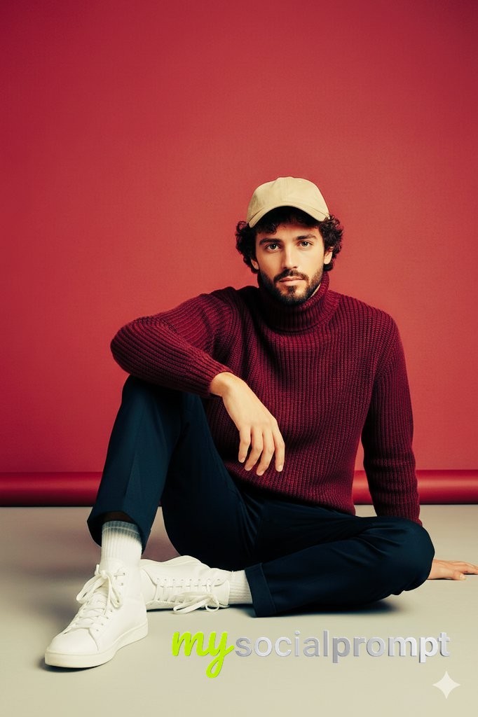 nanobanana prompt: Contemporary Menswear Editorial with Minimalist Studio Composition
