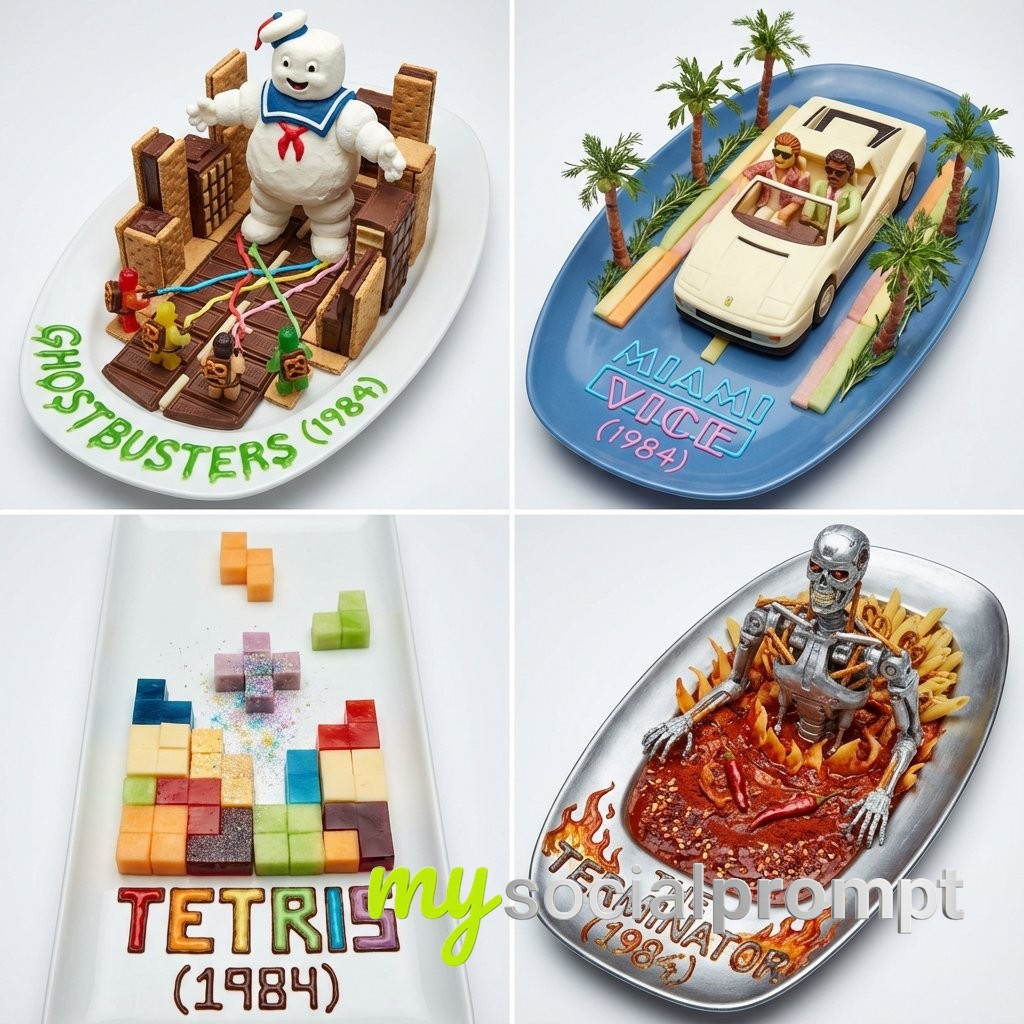 nanobanana prompt: Gastronomic Cinema: 3D Food Art of Iconic Movie Scenes