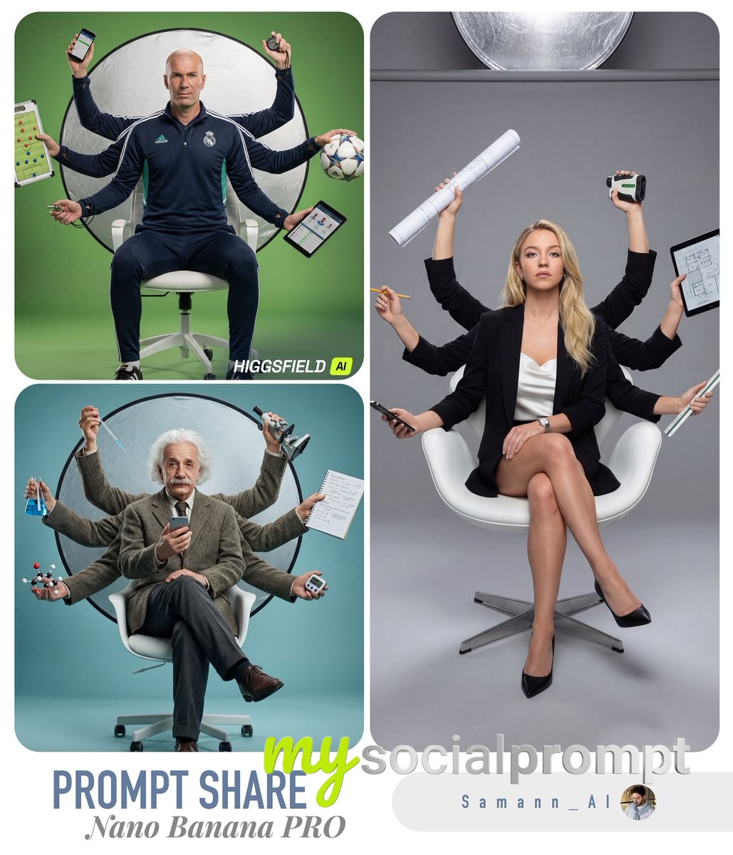 nanobanana prompt: Hyper-real Studio Portrait with Multi-arm Illusion & Profession-Specific Props