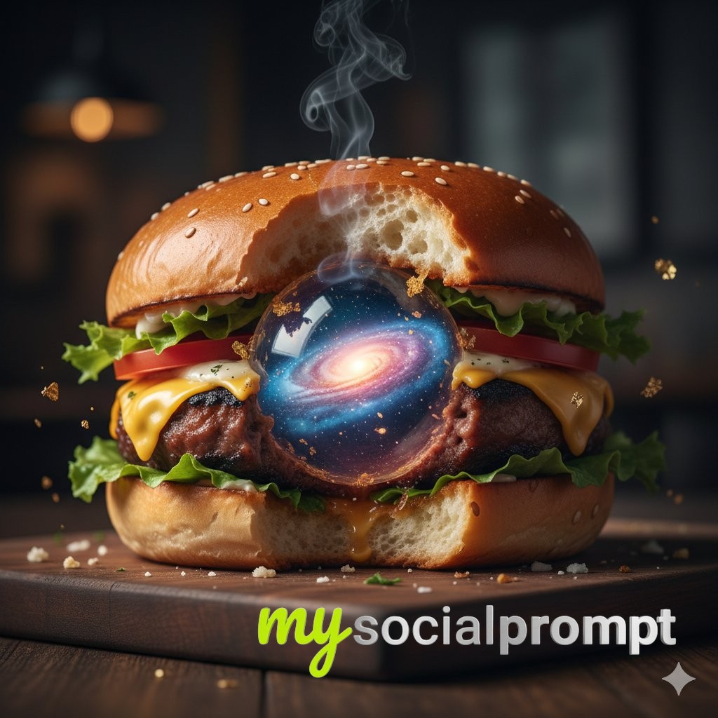 nanobanana prompt: Cinematic Gourmet Burger with Hyper-real Bite Action