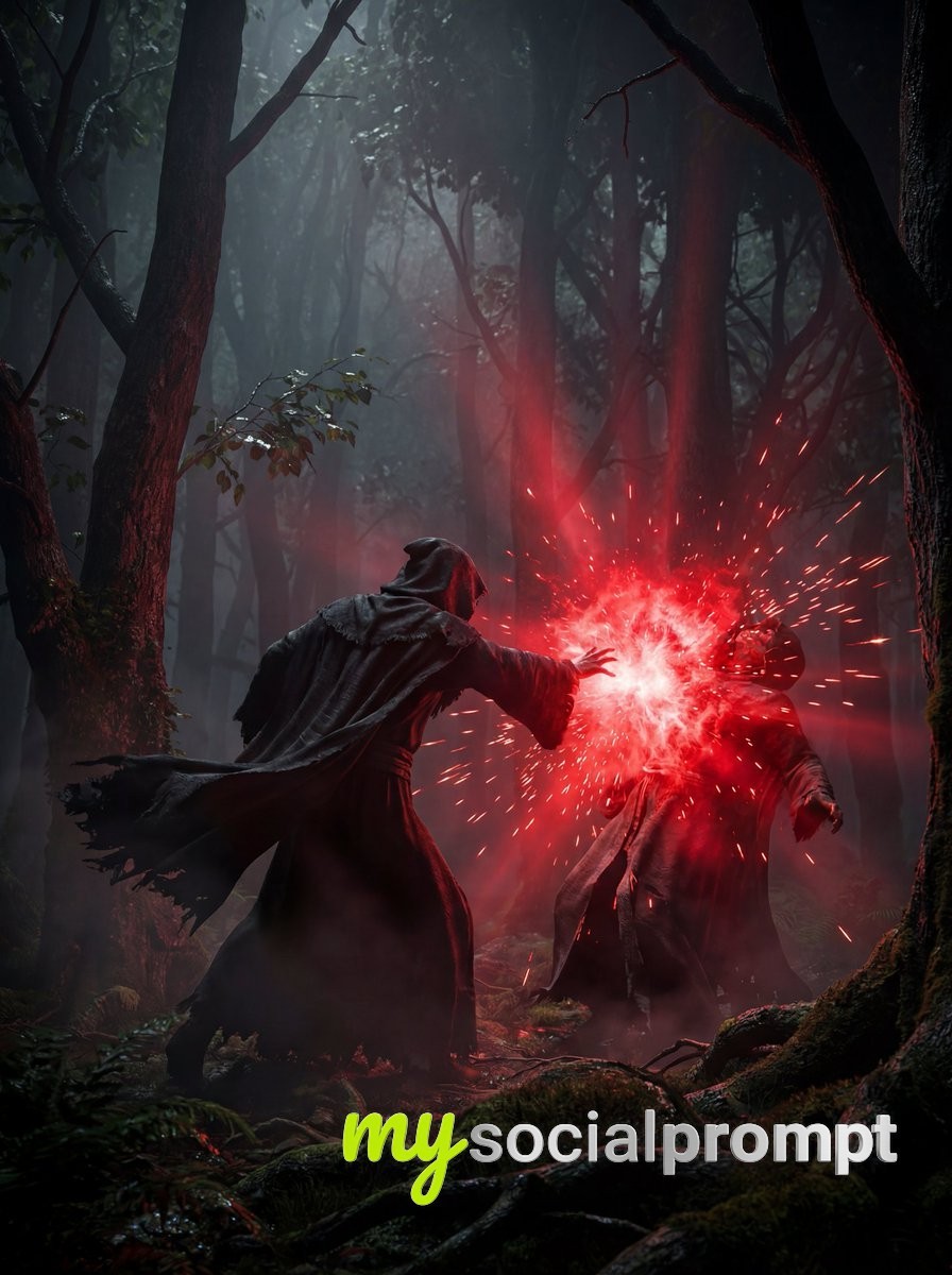 nanobanana prompt: Cinematic Forest Duel with Glowing Red Energy & Moody Lighting 4