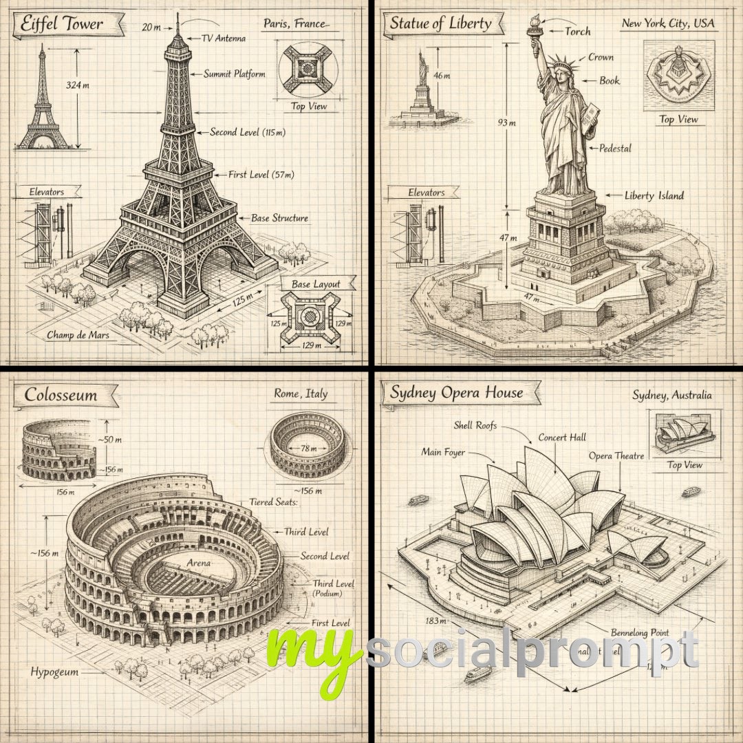 nanobanana prompt: Isometric Schematic Diagram of Landmark in Hand-Drawn Style