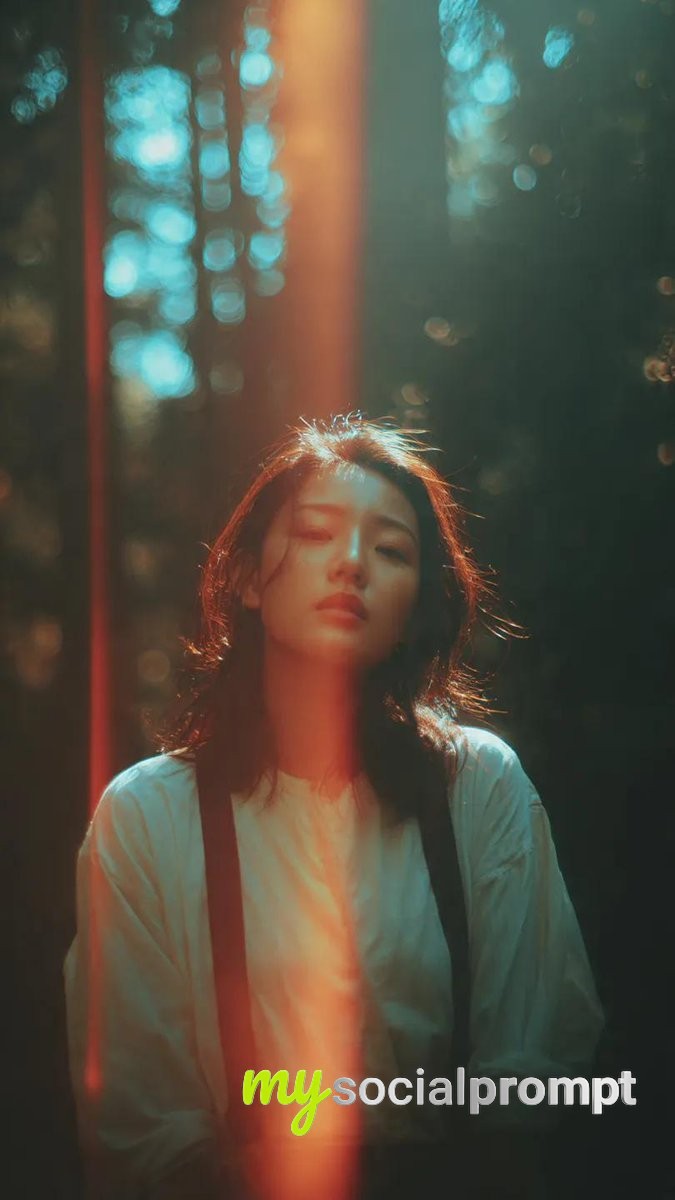 nanobanana prompt: Cinematic Forest Portrait with Analog Film Imperfections