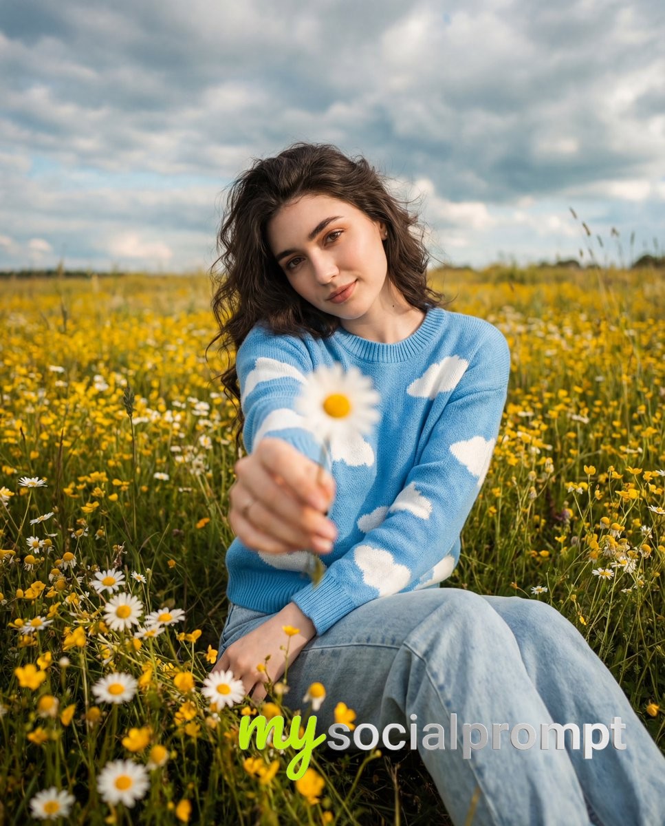 nanobanana prompt: Cinematic Portrait in Wildflower Field with Editorial Composition