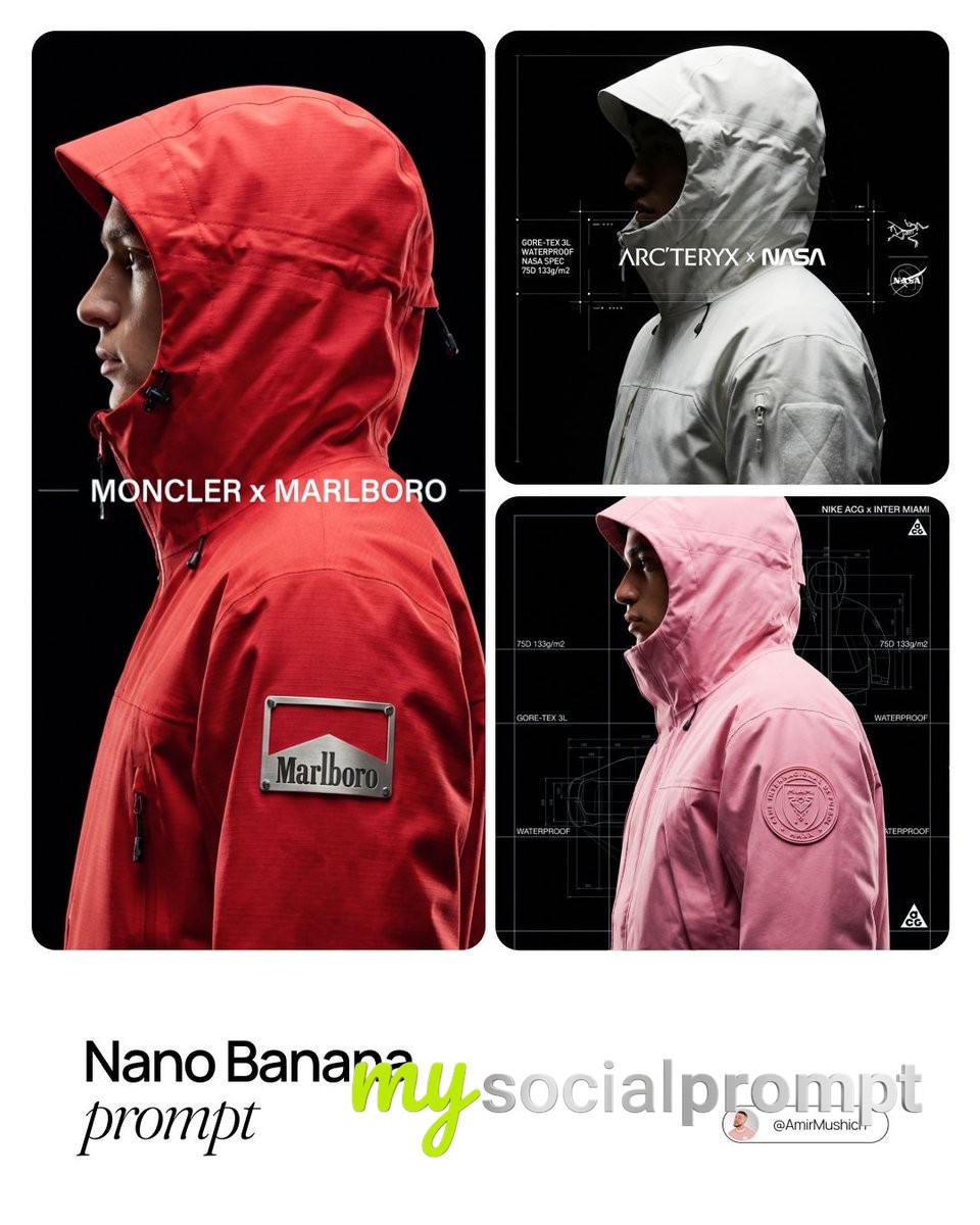 nanobanana prompt: Technical Outerwear Campaign with Cinematic Lighting & Blueprint Overlay