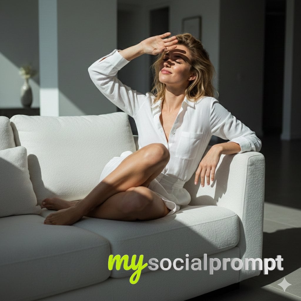 nanobanana prompt: Candid Playful Portrait in Harsh Natural Light on White Plush Sofa
