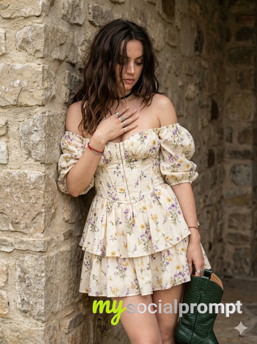 nanobanana prompt: Cinematic Portrait of Ana de Armas in Bohemian Floral Dress 2