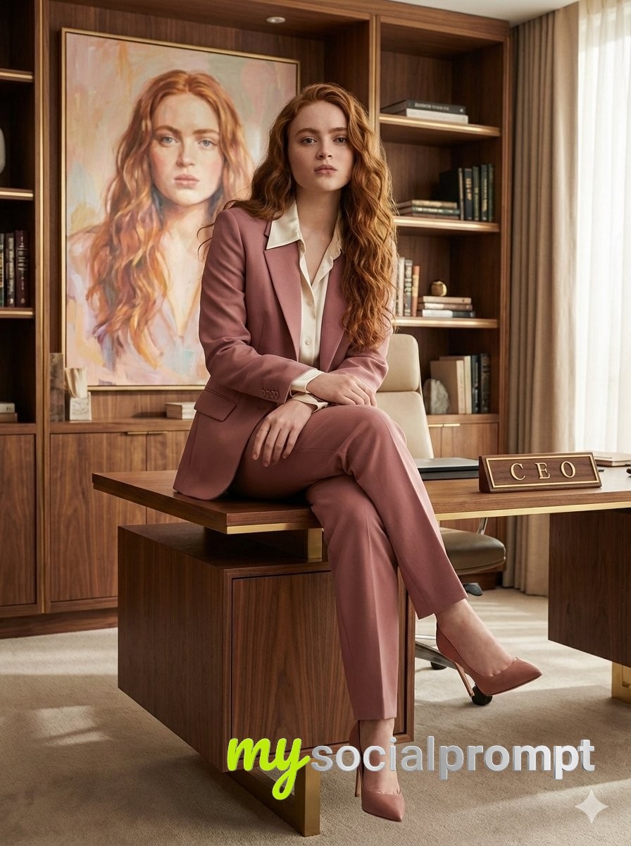 nanobanana prompt: Cinematic CEO Portrait: Elegant Woman in Dusty-Pink Pantsuit, Editorial Fashion Photography 2
