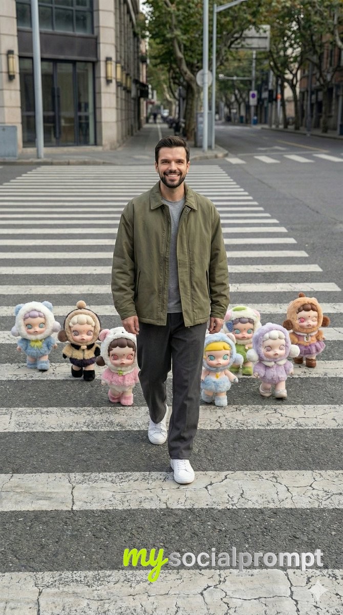 nanobanana prompt: Hyper-realistic Street Photography with Skullpanda Figures