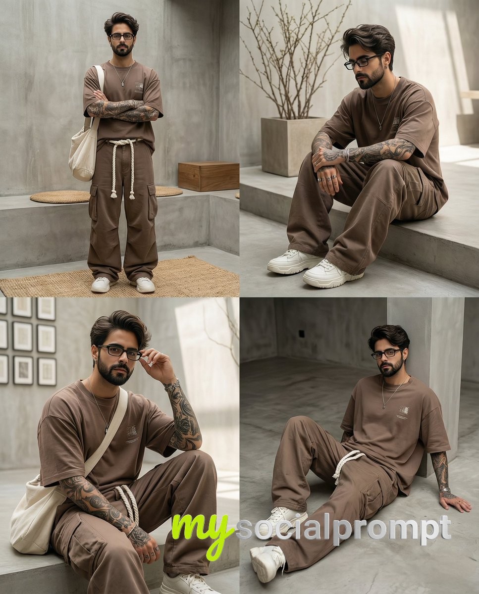 nanobanana prompt: Earth-Tone Minimalist Streetwear Editorial in Concrete Courtyard