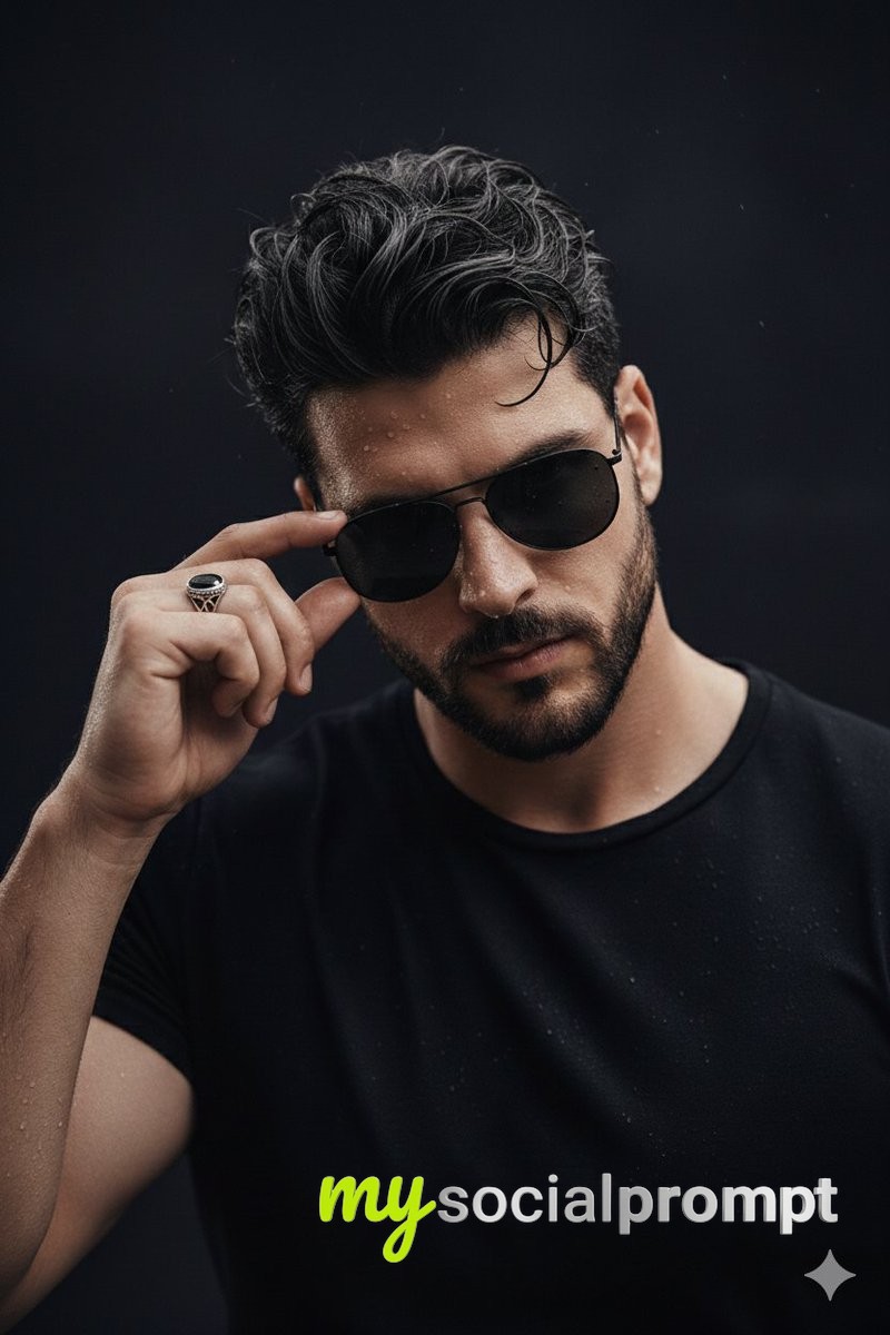 nanobanana prompt: Cinematic Portrait with Wet Skin & Aviator Sunglasses