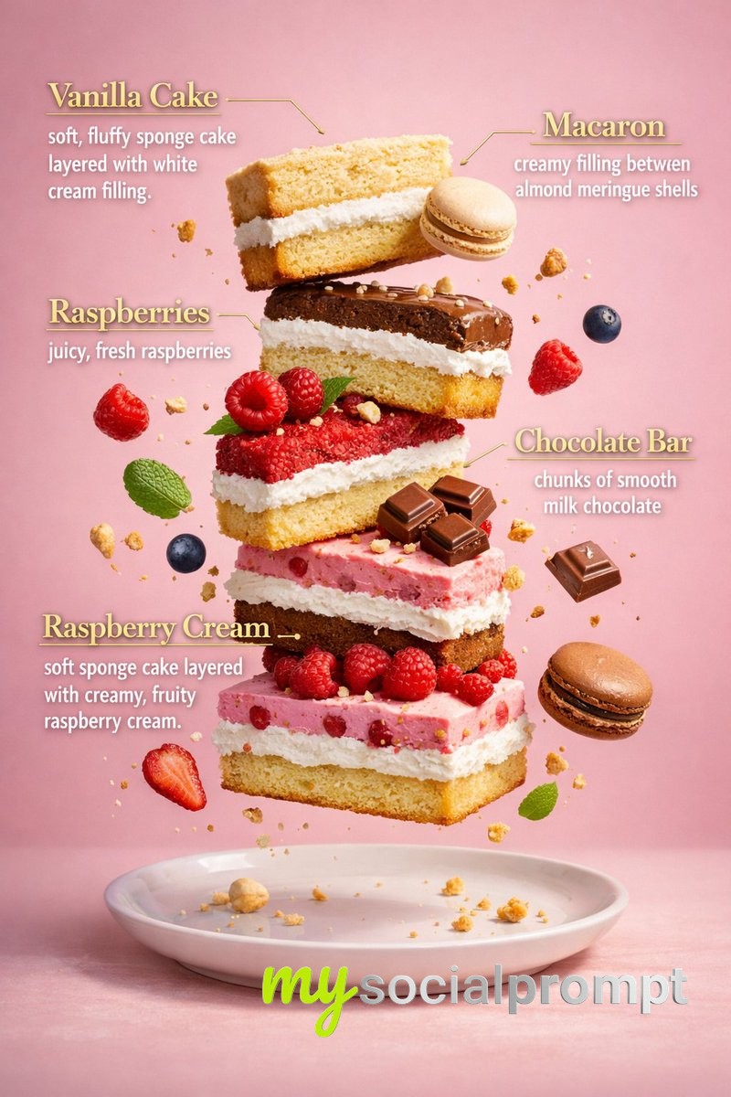 nanobanana prompt: Hyper-realistic Cake Stack with Cinematic Food Photography