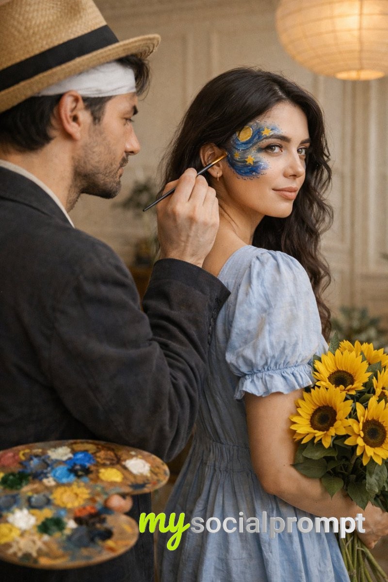nanobanana prompt: Intimate Cinematic Couple Portrait with Starry Night Face Paint