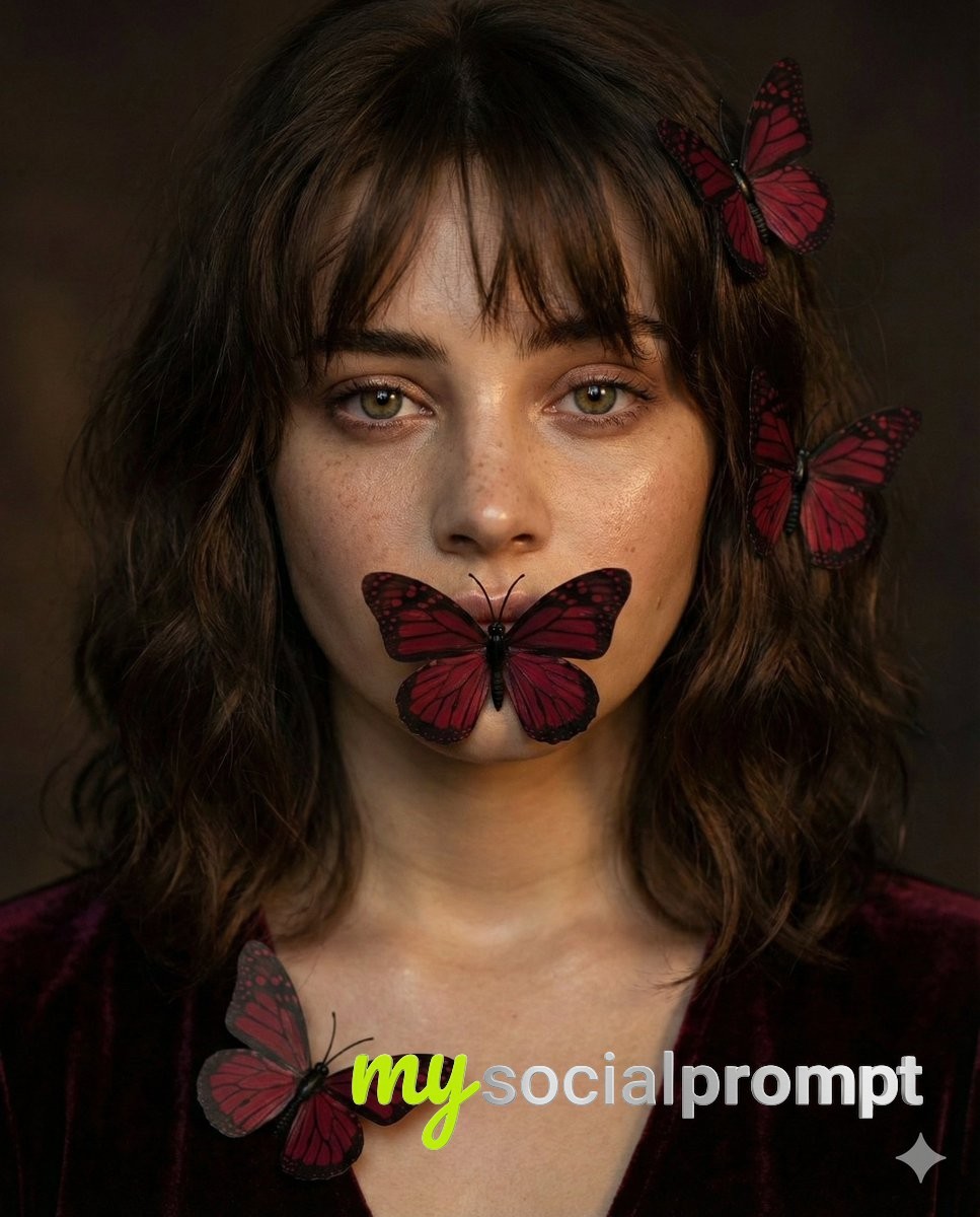 nanobanana prompt: Ethereal velvet portrait with dark red butterflies