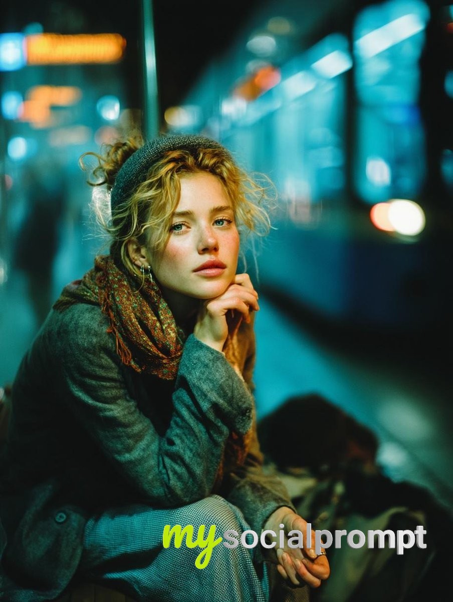 nanobanana prompt: Moody Cinematic Portrait of Introspective Woman on Night Subway Platform