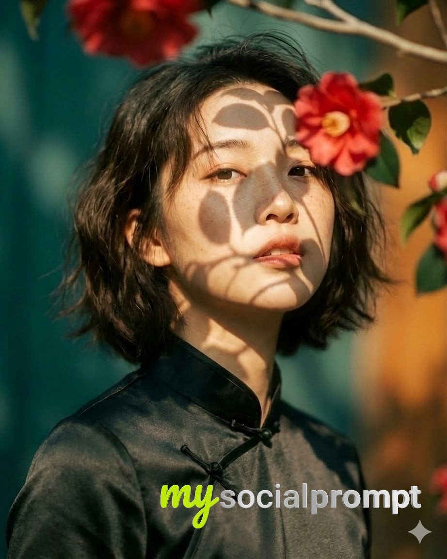 nanobanana prompt: Cinematic Portrait of Elegant Asian Woman in Cheongsam with Golden Hour Lighting