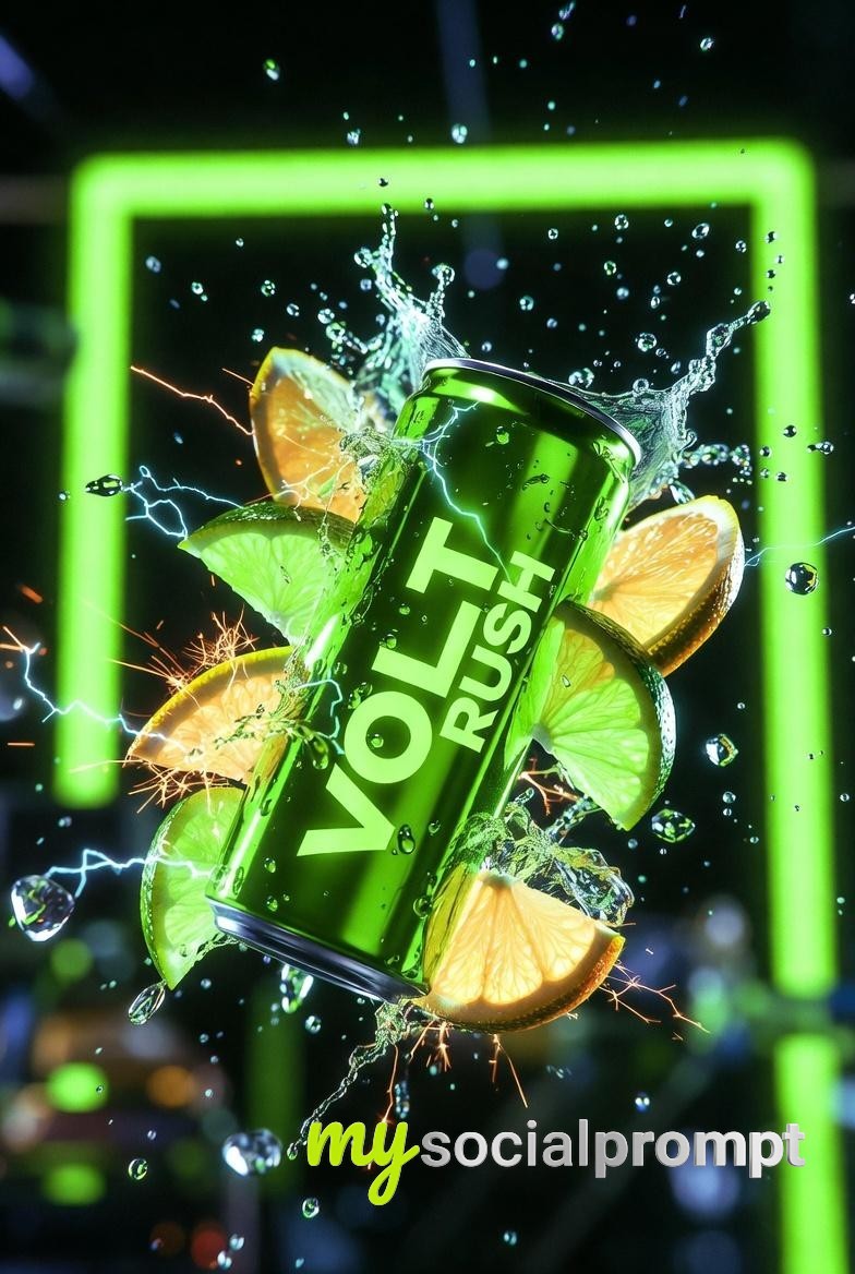 nanobanana prompt: Ultra-Cinematic Product Photography – Neon-Green Energy Drink with Citrus Splash and Electric Sparks