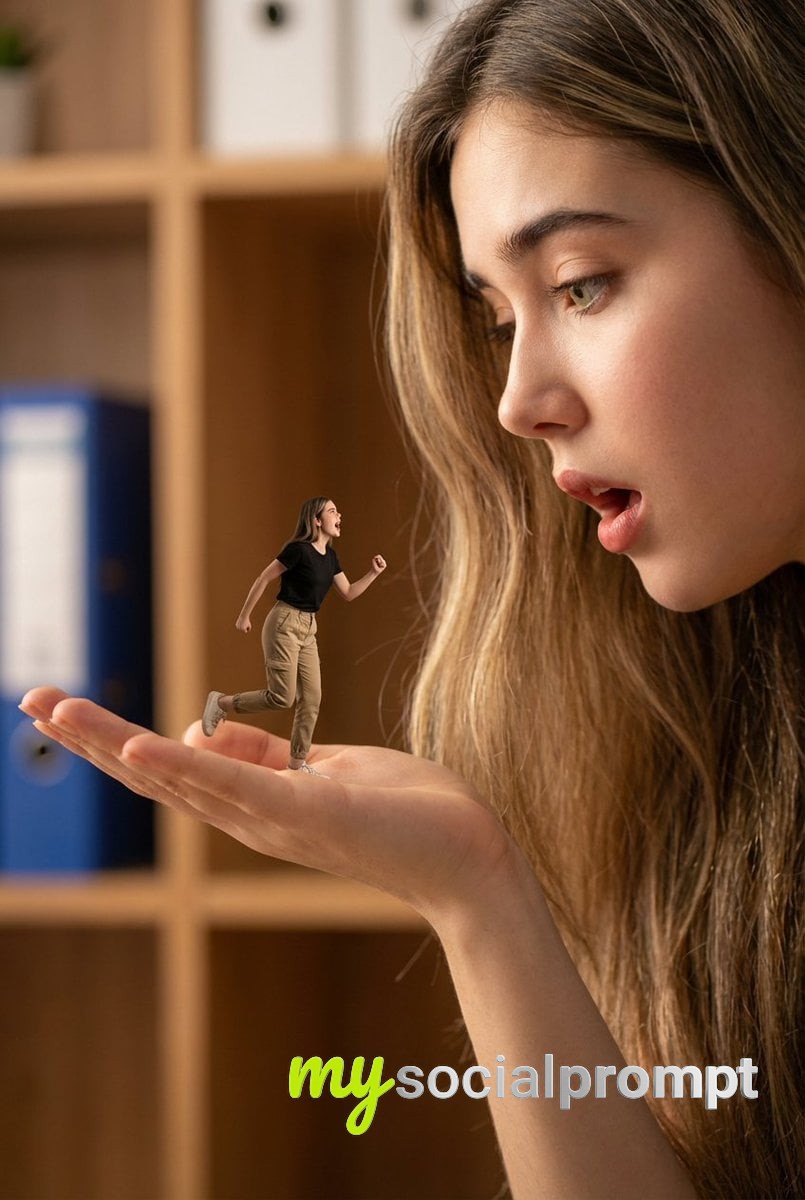 nanobanana prompt: Hyper-Realistic Giant Hand & Miniature Figure Forced Perspective