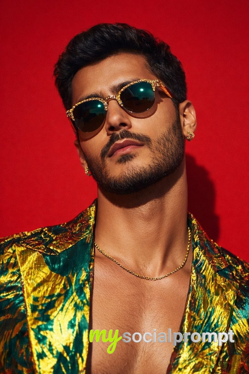 nanobanana prompt: Bold Editorial Portrait with Round Sunglasses and Tropical Shirt