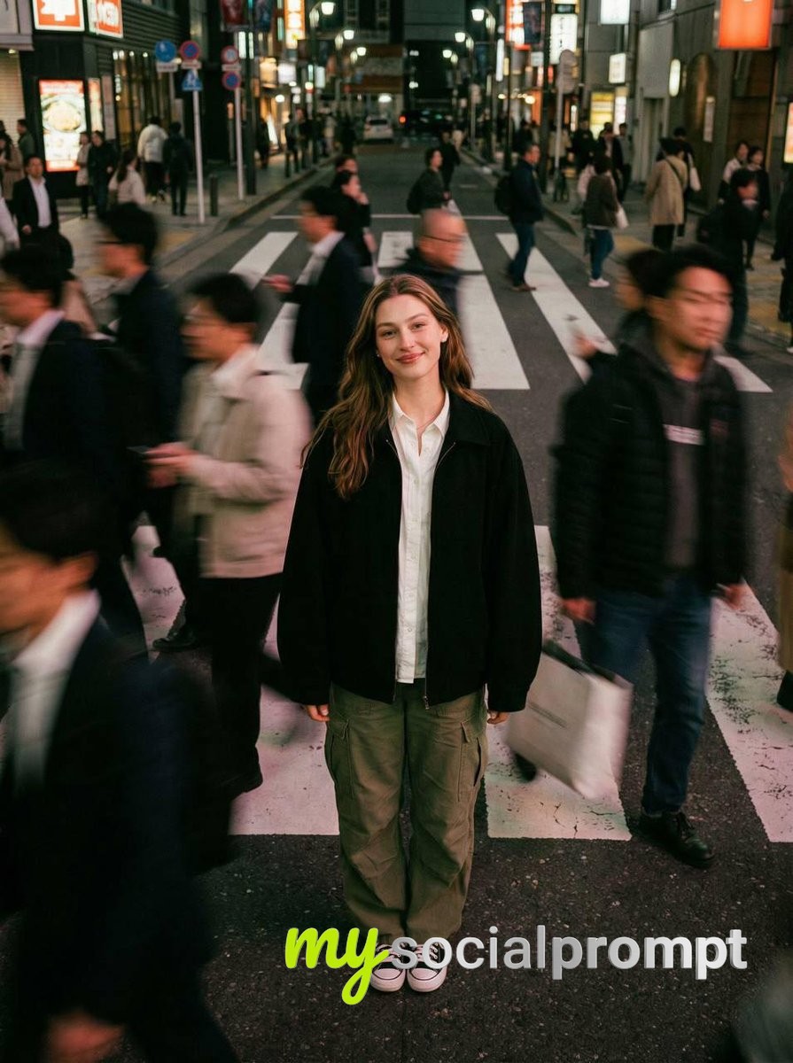 nanobanana prompt: Cinematic Street Portrait with Motion-Blurred Crowd Effect