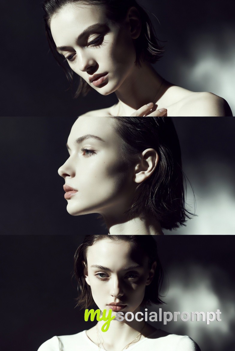 nanobanana prompt: Monochrome Fashion Triptych with Cinematic Lighting