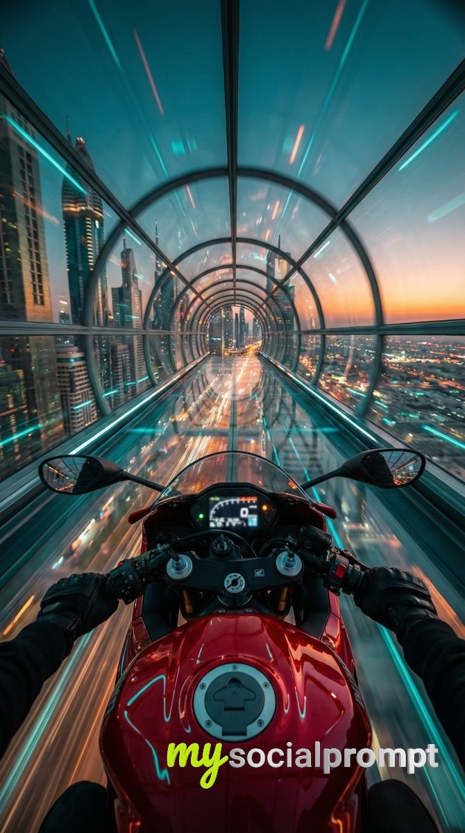 nanobanana prompt: Red Futuristic Sport Motorcycle POV Cyberpunk Hyper-velocity