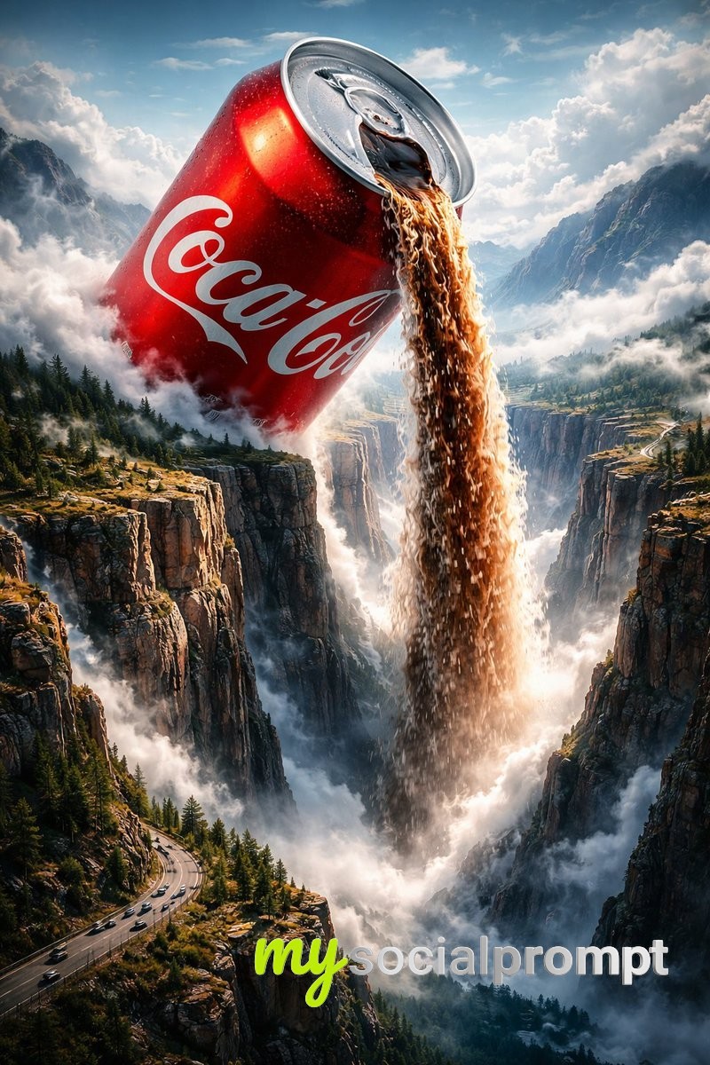 nanobanana prompt: Surreal Epic Landscape with Cinematic Waterfall & Hyper-realism