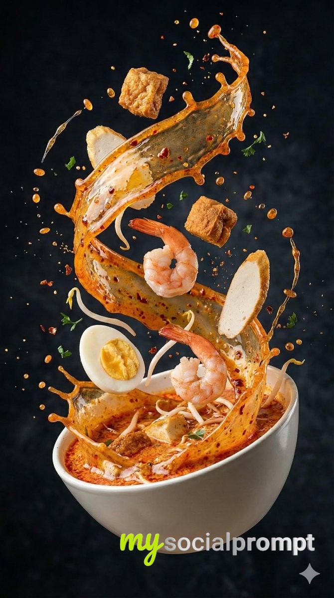 nanobanana prompt: Ultra-Realistic Asian Soup with Cinematic Motion Splash 4