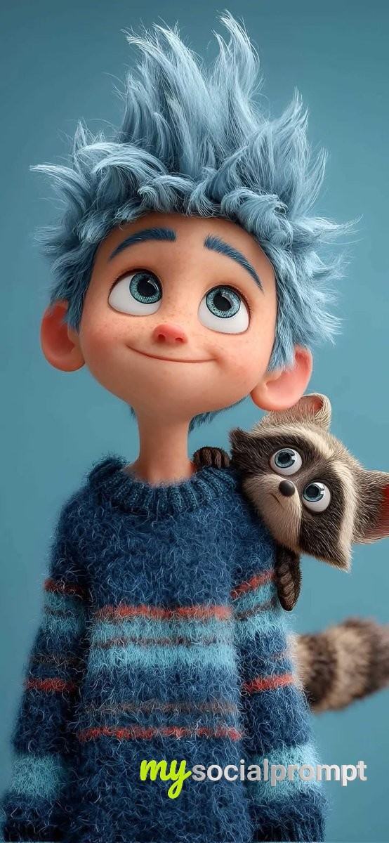 nanobanana prompt: Pixar-Style Boy with Blue Hair and Raccoon in Cinematic 3D