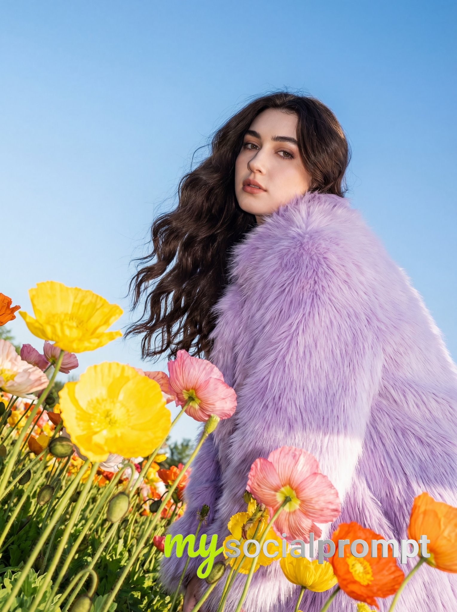 nanobanana prompt: Editorial Fashion Portrait in Poppy Field with Harsh Flash