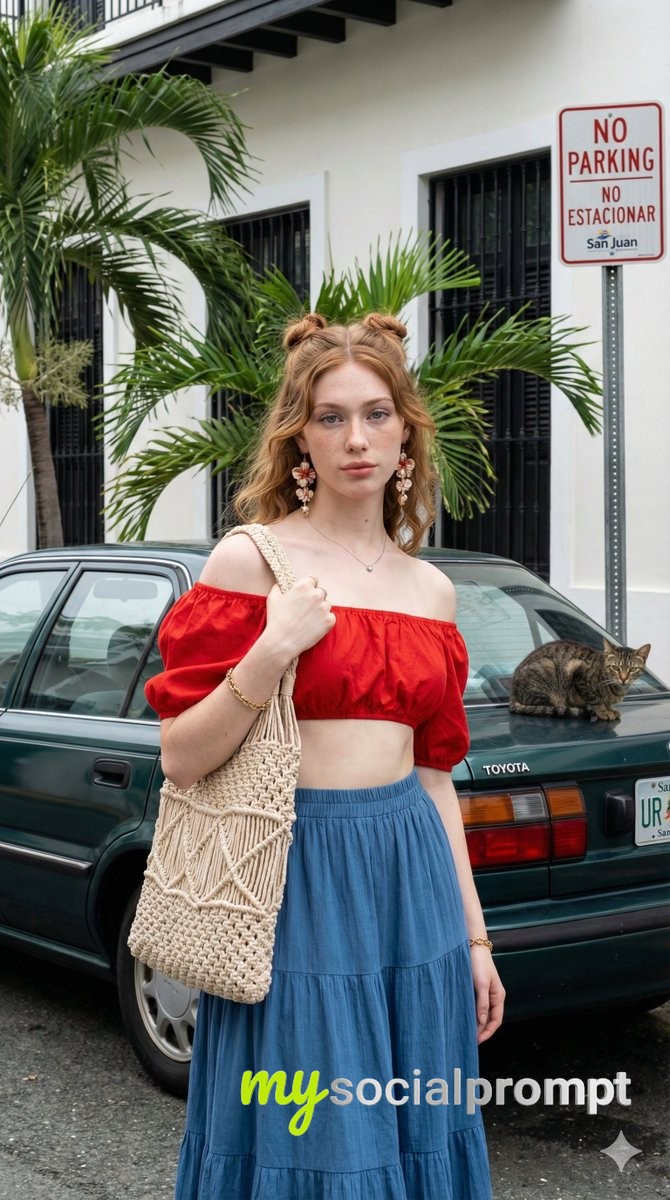 nanobanana prompt: Urban Tropical Portrait with Photorealistic Daylight & Cinematic Composition
