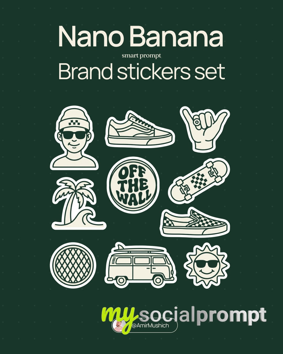 nanobanana prompt: Monoline Vector Sticker Sheet with Die-Cut Borders