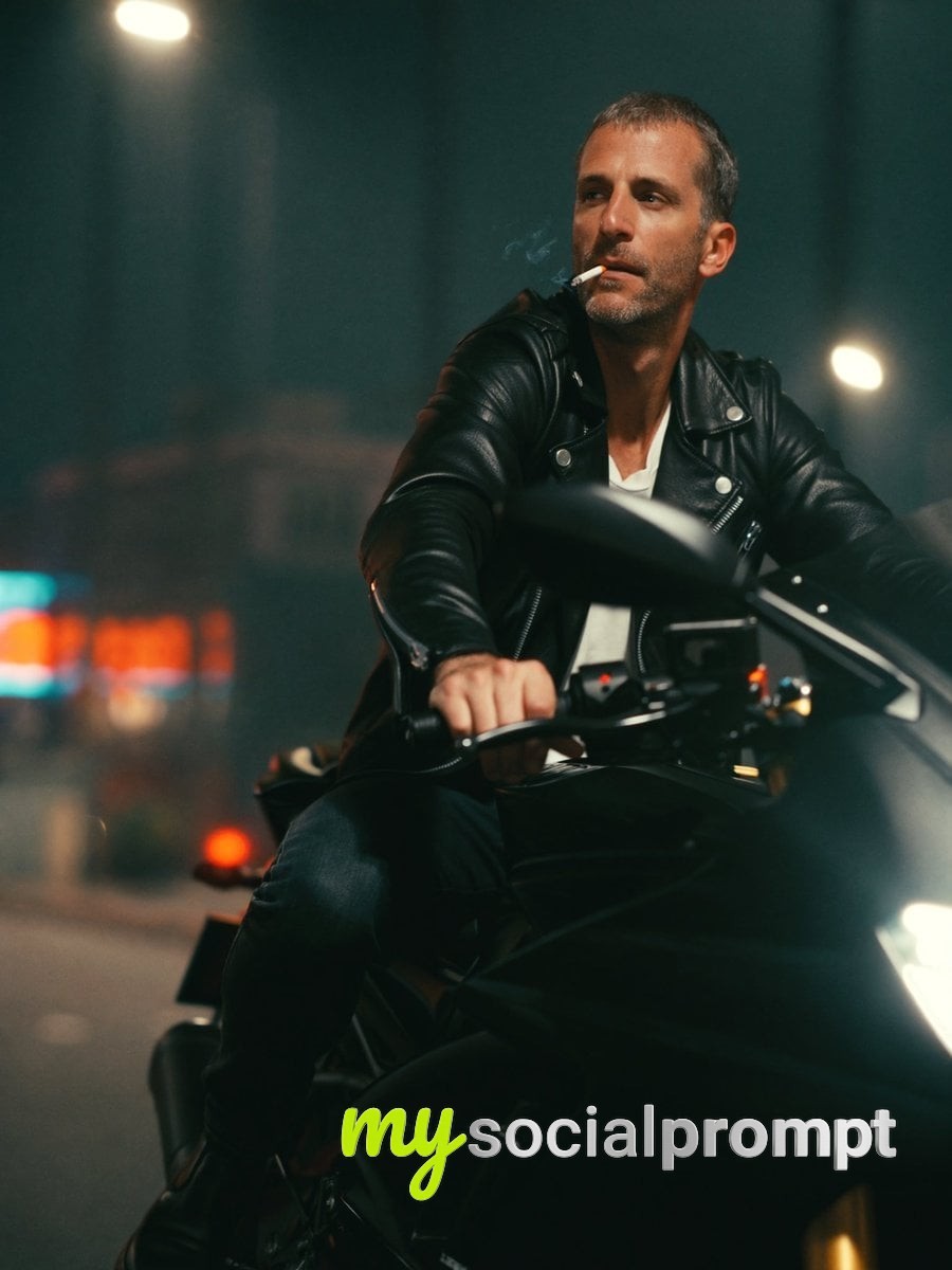 nanobanana prompt: Cinematic Photorealism: Man Smoking on a Matte Black Sportbike at Night 2