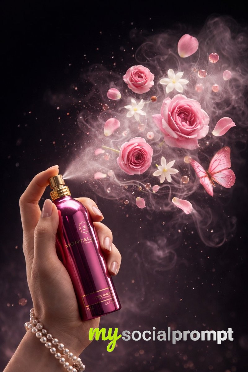 nanobanana prompt: Cinematic Studio Photography of Metallic Pink Perfume Bottle