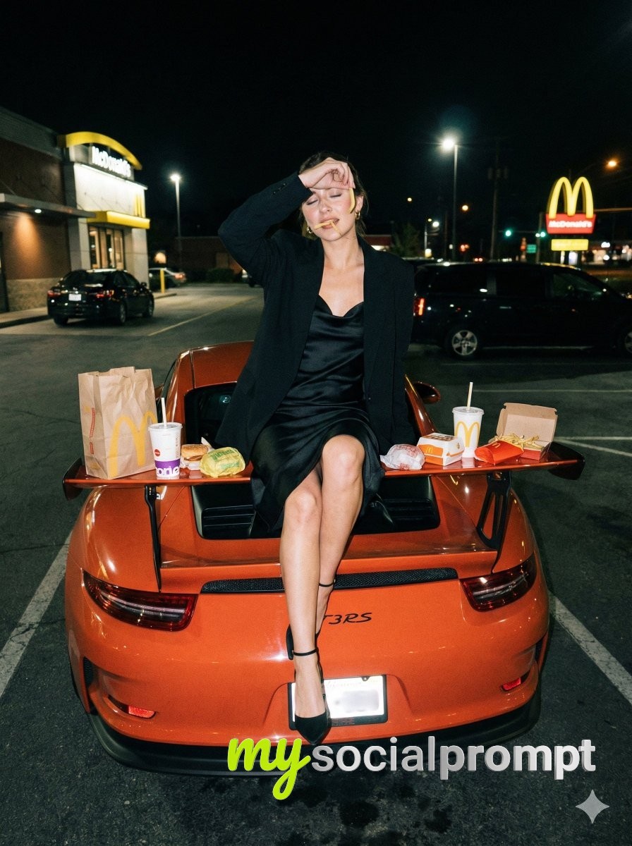 nanobanana prompt: Gritty iPhone Flash Photography with Porsche & Fashion Contrast 2