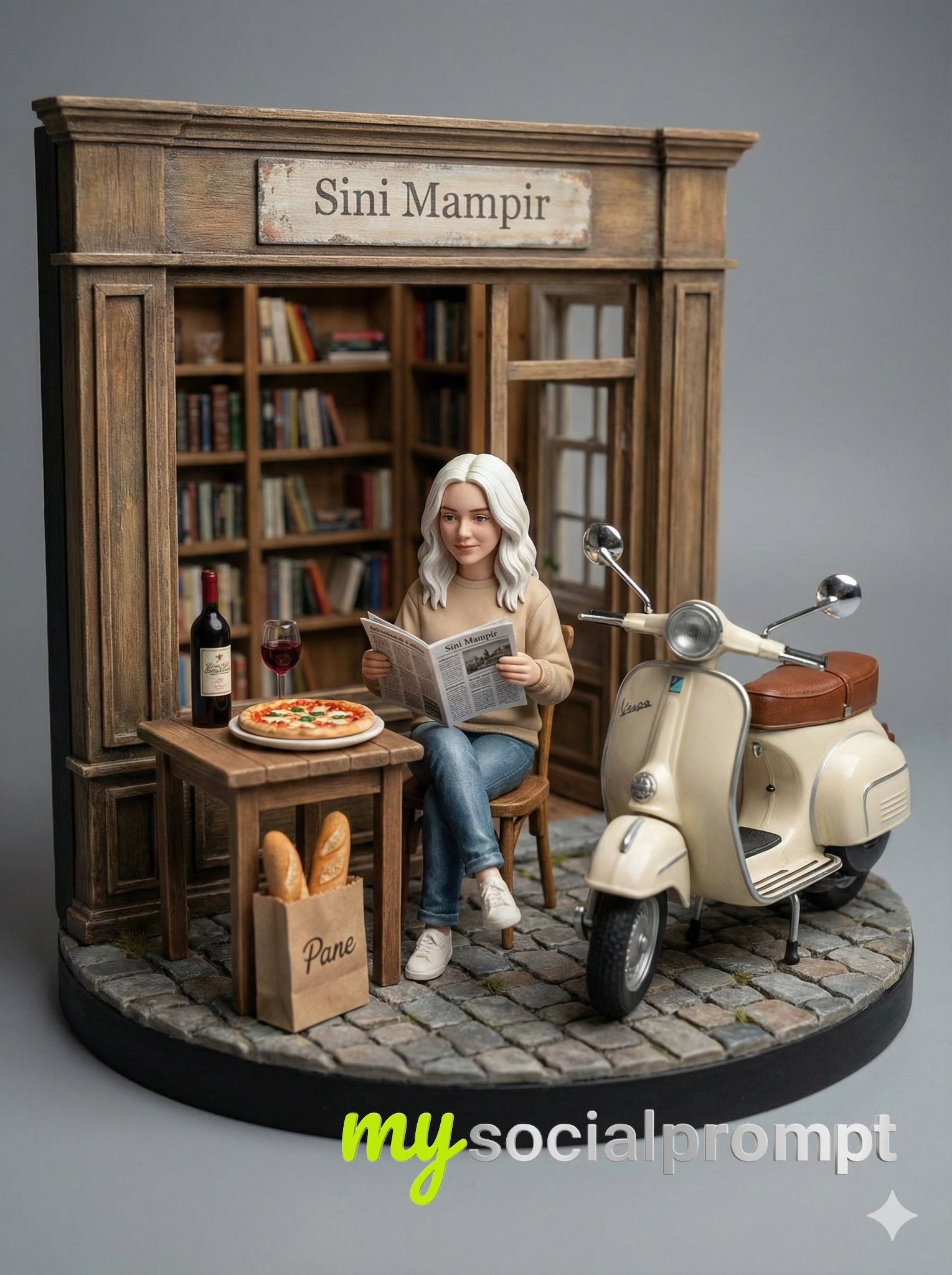 nanobanana prompt: Miniature Diorama with Vespa and Wine – Hyperrealistic Macro Photography