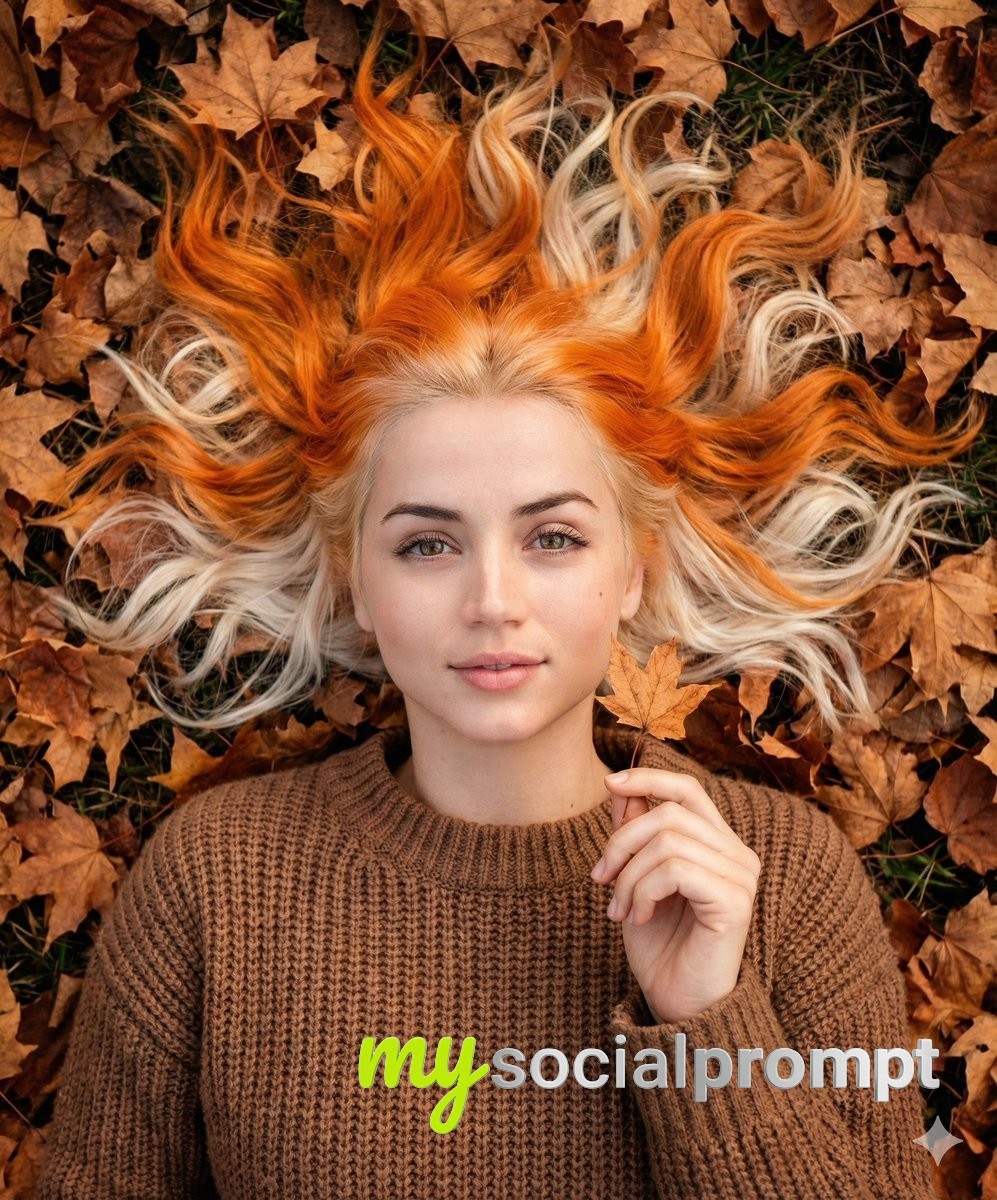 nanobanana prompt: Ethereal Autumn Portrait with Top-Down Cinematic Lighting