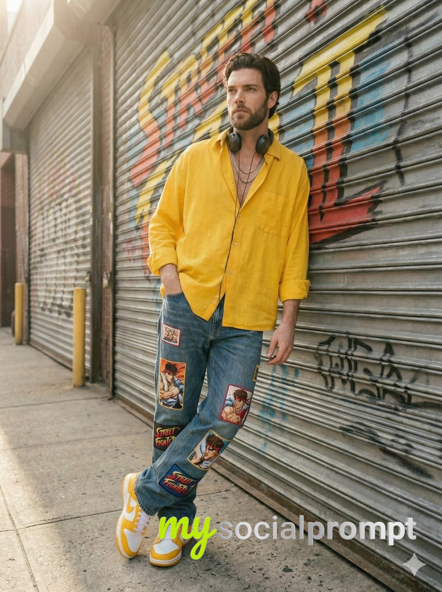 nanobanana prompt: Urban Streetwear Portrait with Cinematic Lighting & Retro Graffiti 2