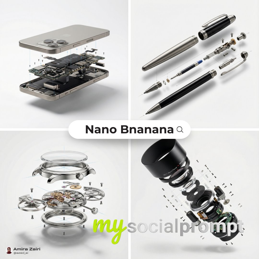 nanobanana prompt: Exploded Product View with Inner Mechanics in Ultra-Realistic Macro