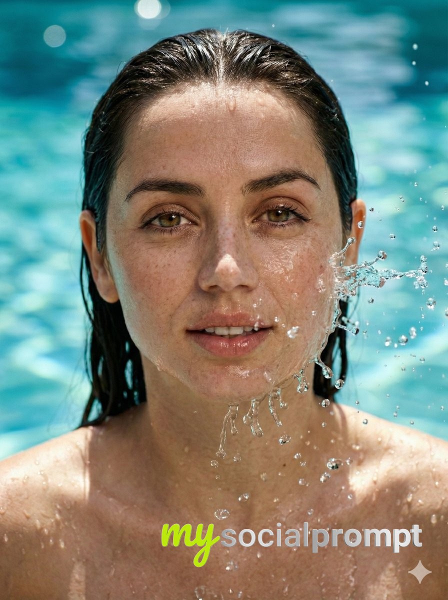 nanobanana prompt: Sydney Sweeney Hyper-realistic Water Splash Portrait with Caustic Lighting