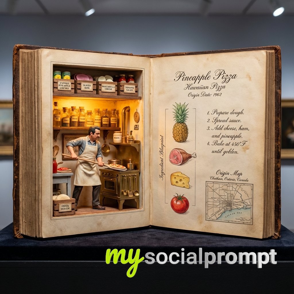 nanobanana prompt: Hyper-Realistic Macro of Antique Culinary Codex with Pineapple Pizza Diorama 2